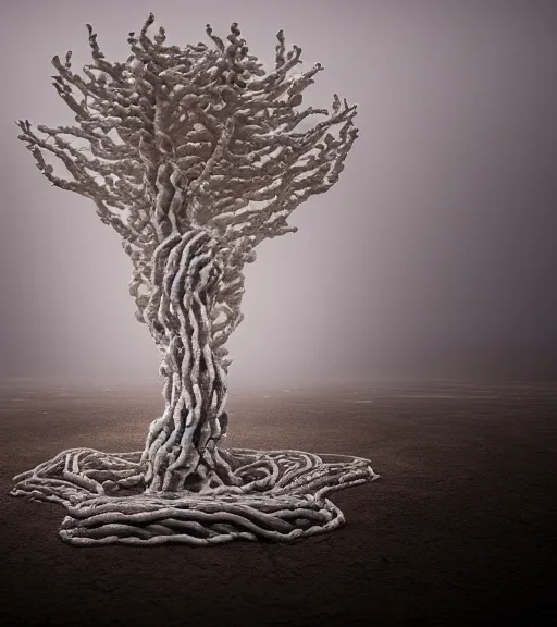 Image similar to surreal white tree made of snakes, ancient in the desert, foggy sky, dark night, octane render, unreal engine, pale colors, high detail, 8 k, wide angle, trending on artstation, behance