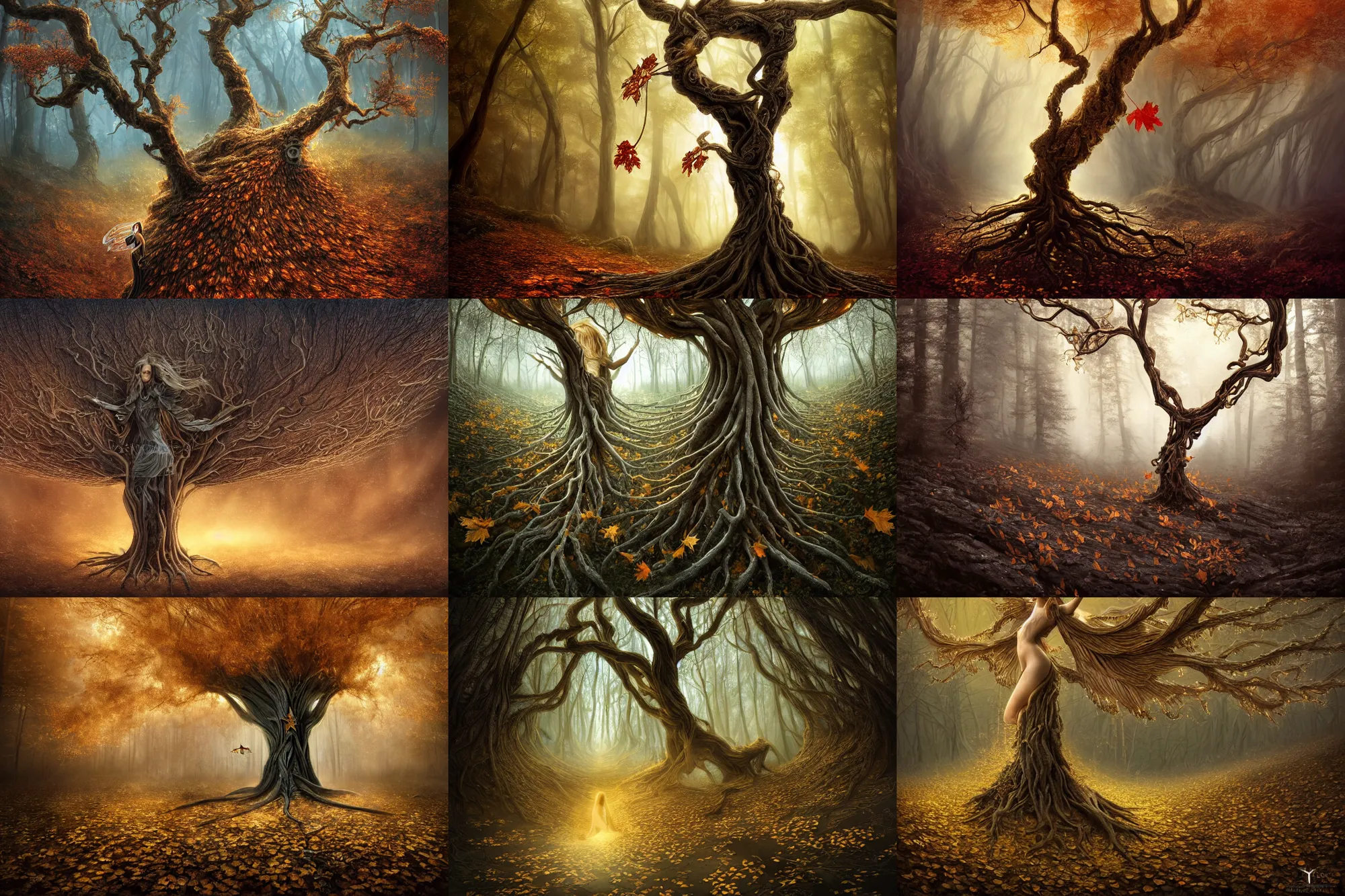 Prompt: a stunning ultra detailed illustration of a barren sinuous tree in a barren forest with a glowing fairy with wings, fall leaves on the floor, elegant symmetrical fairy wings, by tomasz alen kopera, deep depth of field, 2 4 mm lens, golden hour hues, soft lighting, artstation, highly coherent, 8 k