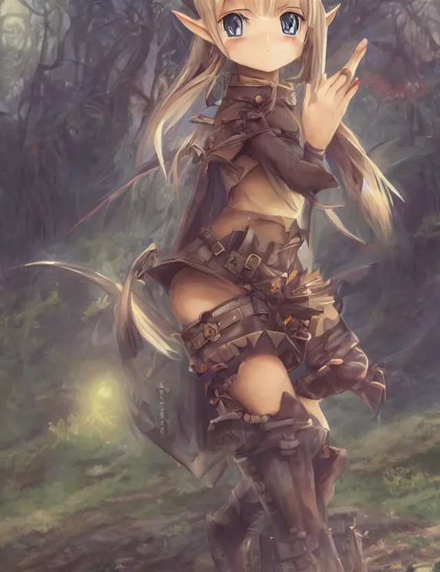 Prompt: scenic wide angle portrait of an elf mining for coal, a cute outfit, somewhat of an anime in fantasy style, trending artwork, made with anime painter studio, by anato finstark, tony sart and an anime artist, collaboration