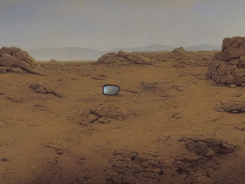 Prompt: Fragmented mirror in the desert. Sentient rocks. Complex changing landscape, autumn light. Painting by Caspar David Friedrich, Alex Colville