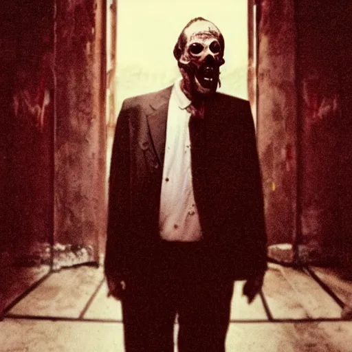 Image similar to filmic extreme wide shot dutch angle movie still 35mm film color photograph of a doctor with a missing head, his neck is spurting blood, in the style of an realistic grotesque horror film