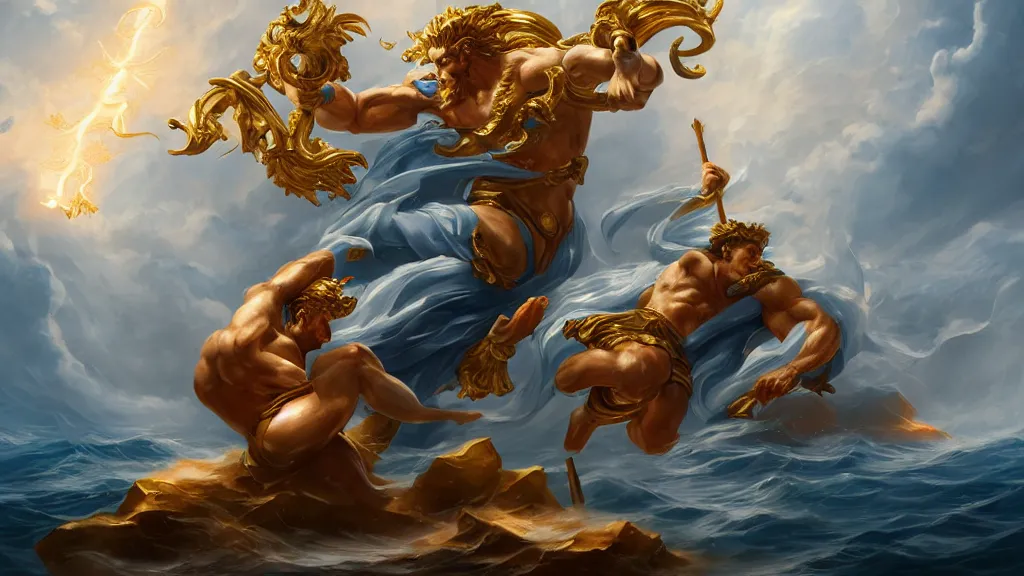 Image similar to Character concept art, Digital Paint, Zeus fighting Poseidon, Character Design, Digital Art, Gold Light, Blue Mist, Divine, Sky, 8K, ornate, Trending on Artstation, in the style of James Jean