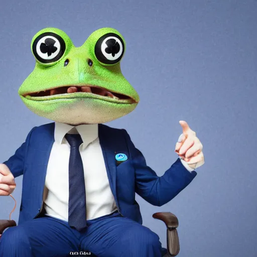 Prompt: professional portrait of a happy anthropomorphic blue frog wearing a suit crossing his arms sitting in an office chair, very intricate, very detailed,