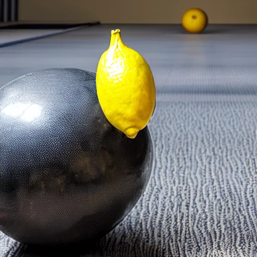 Image similar to a lemon next to a bowling ball