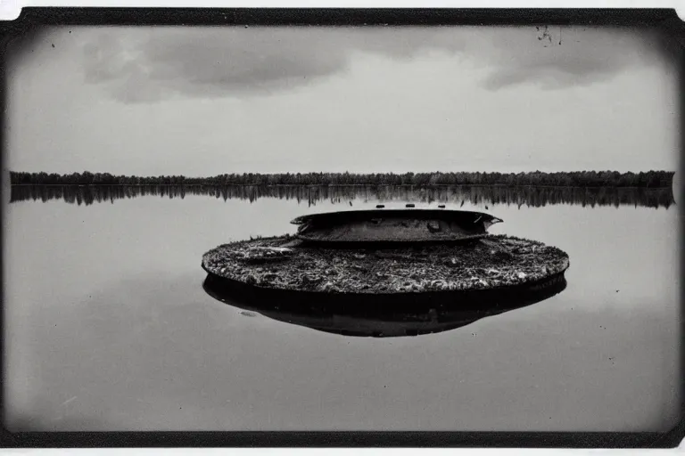 Prompt: old polaroid of a rusted ufo landed on a swamp, black and white, wide angle