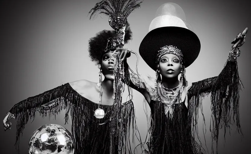 Image similar to “erykah badu as a voodoo queen wearing flowing black robes and a disco tophat holding a staff with a glowing crystal ball, by michalopoulos, by Laurie Lipton, Josip csoor, 8k resolution, realistic shadows, 3D, rendered in octane, volumetric lighting, hyper detailed, photorealistic, voodoo”