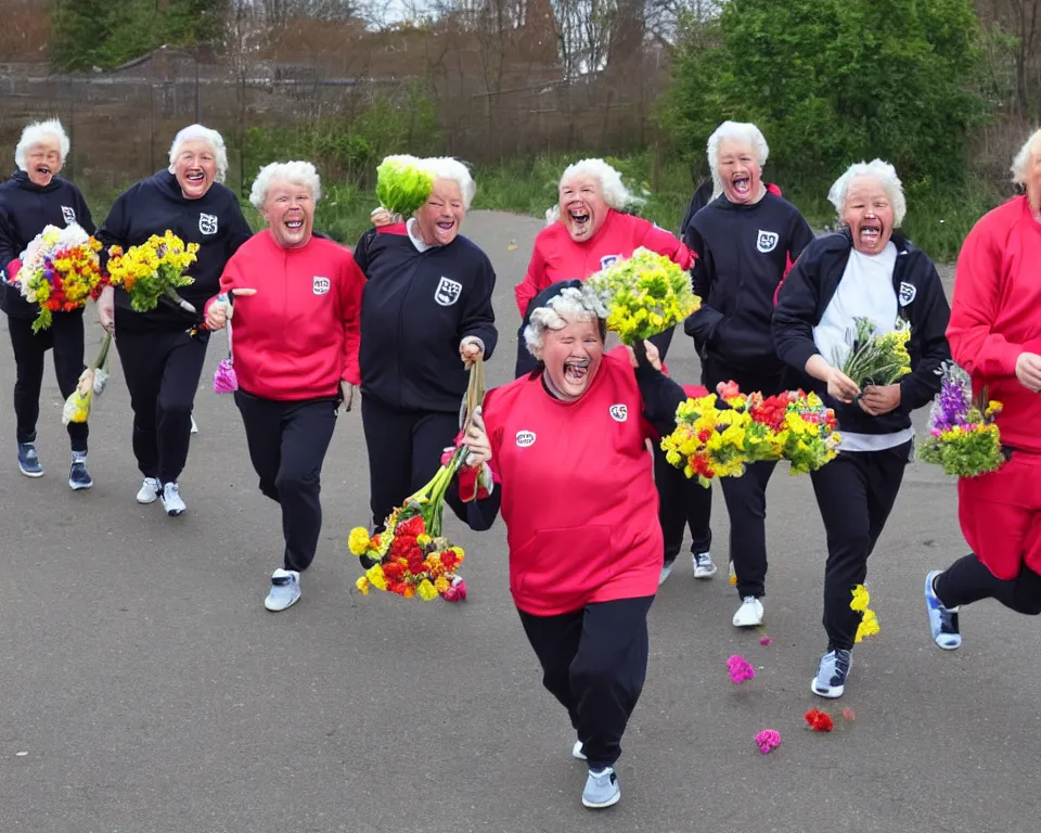 Image similar to a gang of old ladies frying pans, and carrying flowers, and wearing Umbro track suits laughing maniacally and screaming