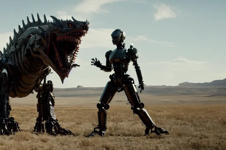 Image similar to cinematic still of westworld, a intact si - fi robotic fantasy dragon, well armored mech dragon, highly detailed