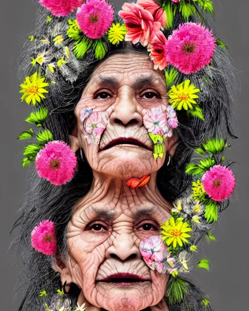 Image similar to a portrait of a beautiful fleshy old mexican woman who is surprised she is still alive, covered in flowers in the style of guiseppe arcimboldo and james jean, covered in wispy gray hair with a hint of neon, mixed media, hd, 3 d