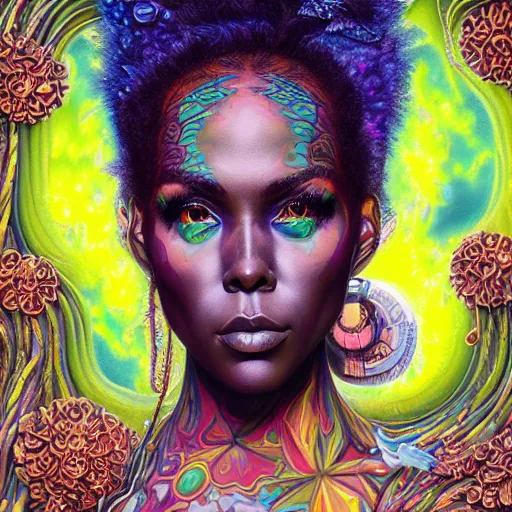 Image similar to portrait of dewanda wise, hyper detailed masterpiece, neon floral pattern, jean giraud, digital art painting, darkwave goth aesthetic, psychedelic, artgerm, donato giancola and tom bagshaw