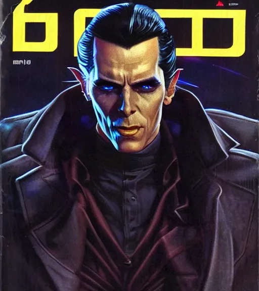 Image similar to a cyberpunk very ugly mafia boss in a suit with slicked back black hair played by christen bale as an elf, 1 9 7 9 omni magazine cover, style by vincent di fate, artgerm, very coherent, detailed, 4 k resolution, dark, unreal engine, daz