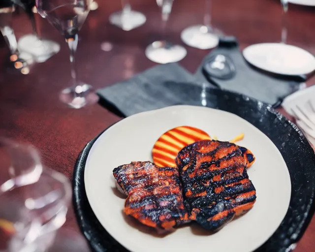 Prompt: 8 5 mm food photography of a plate full of grilled candy at restaurant with dof and bokeh and wine glasses o