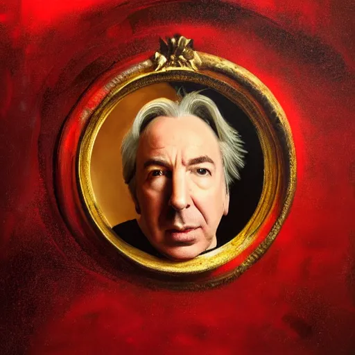 Image similar to Alan Rickman full body laying in a blood red pool of water between a golden mirror frame, outside is space and inside the mirror frame is a beautiful landscape., physically accurate, dynamic lighting, intricate, elegant, highly detailed, very very Roberto Ferri, sharp focus, illustration, art