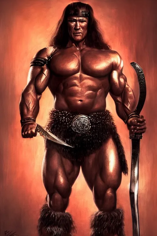 Image similar to Portrait of a Arnold Schwarzenegger as conan barbarian with a huge steel sword, elegant, photorealistic, highly detailed, artstation, smooth, sharp focus, blood ornaments, neon lighting, sci-fi, art by Klimt