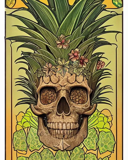 Image similar to a poster of a Carved ancient skull with pineapple leaves growing out of the top art surrounded by varities of flowers, cell shading, voronoi, fibonacci sequence, sacred geometry by Alphonse Mucha, Moebius, hiroshi yoshida, Art Nouveau, colorful, ultradetailed, vivid colour, 3d