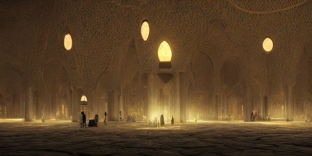 Image similar to Photorealistic mosque in dark giant glowing mushroom underworld, with great domes and arches, people and androids wearing traditional japanese clothing. photorealism, UHD, amazing depth, golden ratio, 3D octane cycle unreal engine 5, volumetric lighting, cinematic lighting, artstation,cgstation, concept art