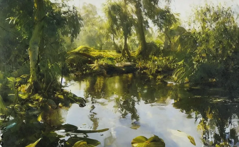 Image similar to oil painting lanscape by anders zorn, jungle nature, fruit trees, very very very very beautiful art, dramatic light, water reflections, crocodile river