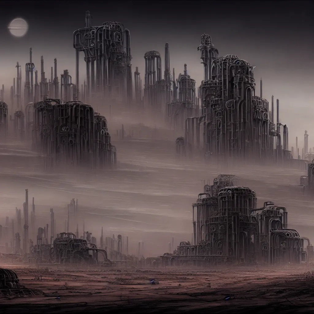 Image similar to industrial city in the desert, dune concept art by Yoshitaka Amano and H.R. Giger, monolithic structures, looming buildings, dark atmosphere, 4k, detailed,