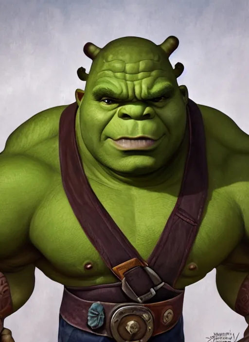 Image similar to portrait of shrek as hulk, naturel, hyper detailed, digital art, trending in artstation, cinematic lighting, studio quality, smooth render, unreal engine 5 rendered, octane rendered, art style by klimt and nixeu and ian sprigger and wlop and krenz cushart.