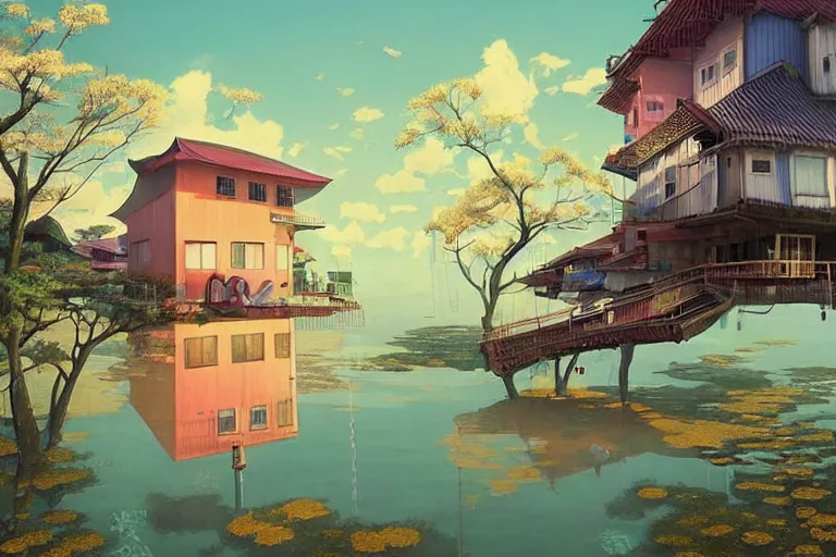 Image similar to surreal kyoto suburb, floating house in the sky, summer morning, very coherent and colorful high contrast, art by!!!! gediminas pranckevicius!!!!, geof darrow, dark shadows, hard lighting