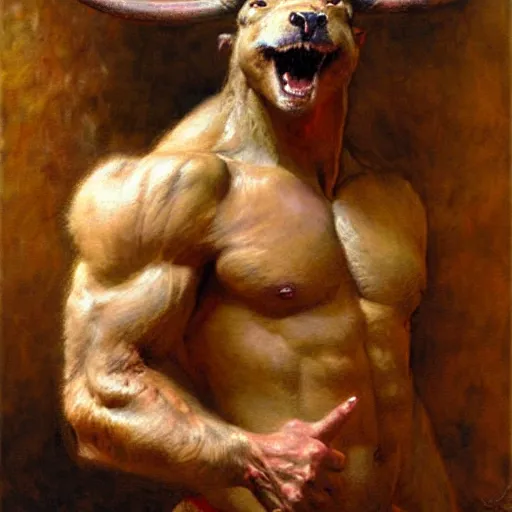 Image similar to a portrait of a furry minotaur, furry body, furry chest, furry arms, furry legs, tail. highly detailed painting by gaston bussiere, craig mullins, j. c. leyendecker, furry