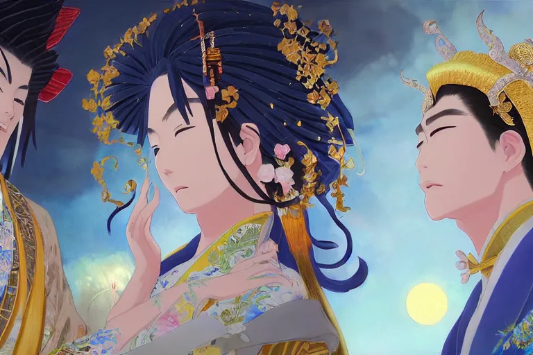 Image similar to close up moment of a divine a japan sun god and a moon goddess lovers magician at a wedding banquet, highly detailed, genshin, fantasy, 4 k realistic, digital painting, trending on artstation, concept art, sharp focus, illustration, art by makoto shinkai and akihiko yoshida and daniel gerhartz