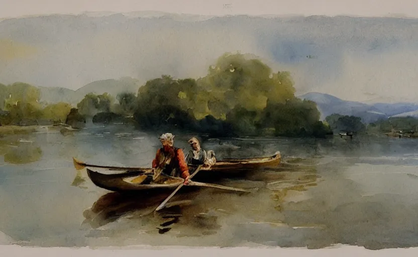 Image similar to watercolor lanscape by anders zorn, realistic, romanticism by goya, rowing boat on lake