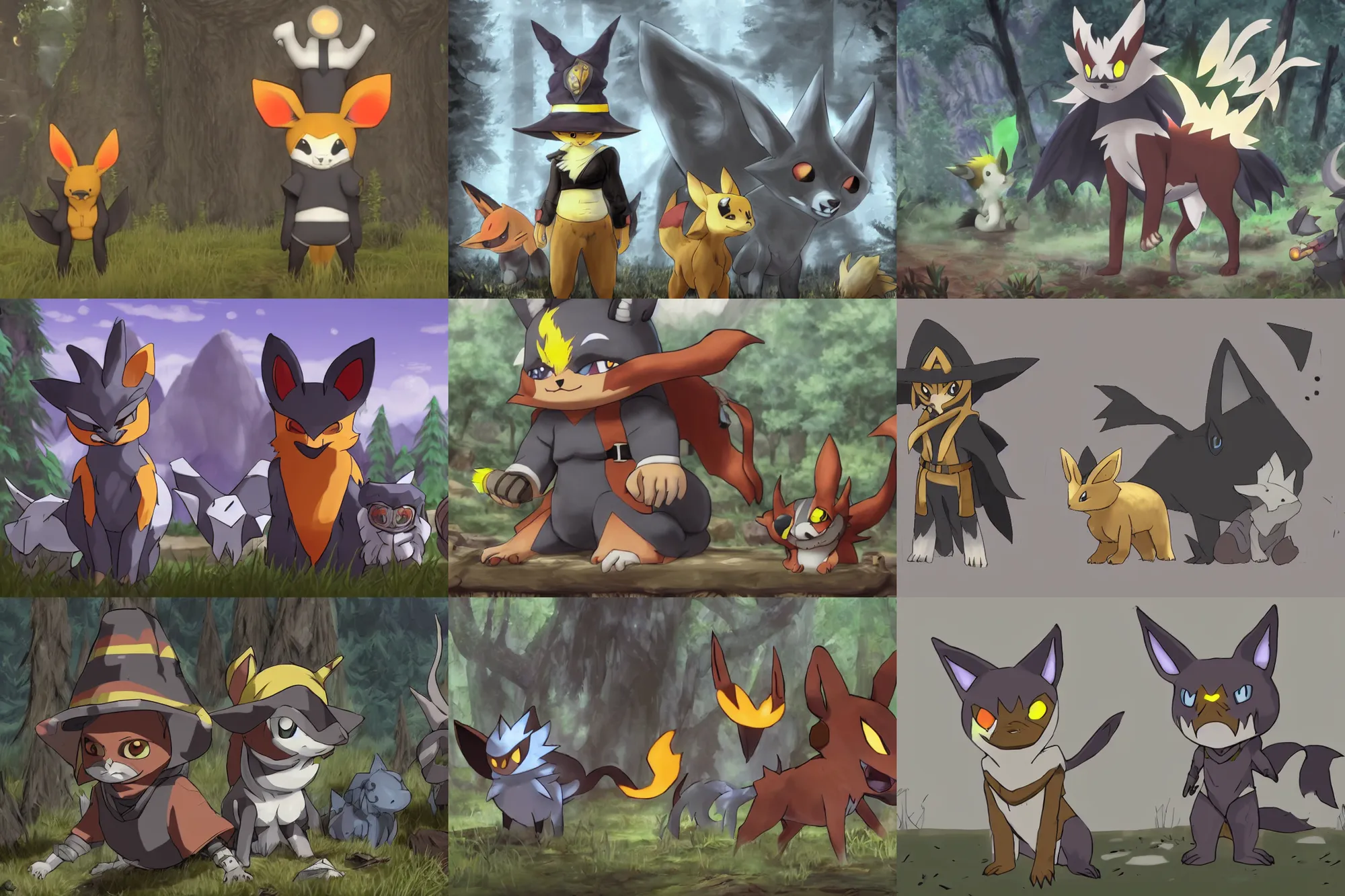 Prompt: trailcam footage grayscale low saturation video game elden clay growlithe : murkrows reprisal star valley resident evil unreal engine mismagius oblivion mystery dungeon ultrahd resident eevee wearing bandanna standing in front of giratina, maidenless wearing a witch hat pokemon nextgen