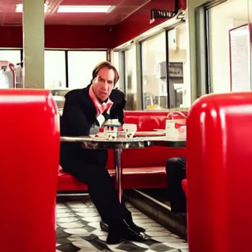 Prompt: saul goodman at a 5 0 s diner with red booths, still from breaking bad