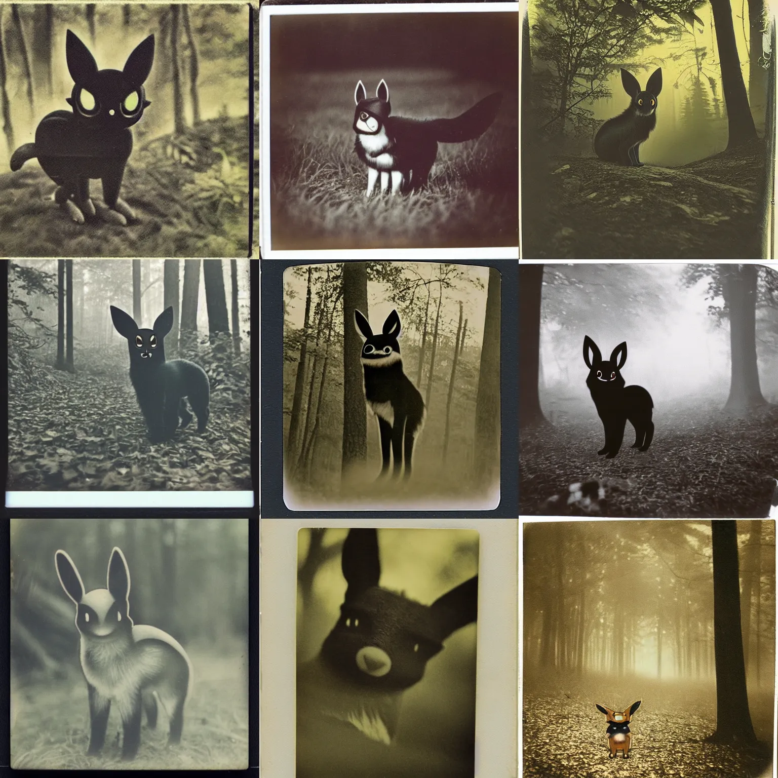 Prompt: old polaroid from 1 9 5 2 depicting umbreon as a real animal, in a forest, in the morning, fog