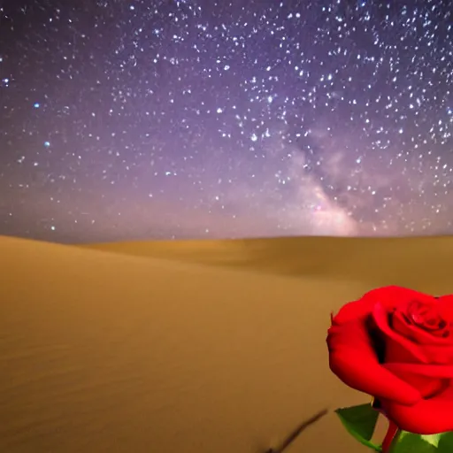 Image similar to a red rose is growing in the middle of the desert. beautiful starry sky can be seen in the background. 8 5 mm shot.