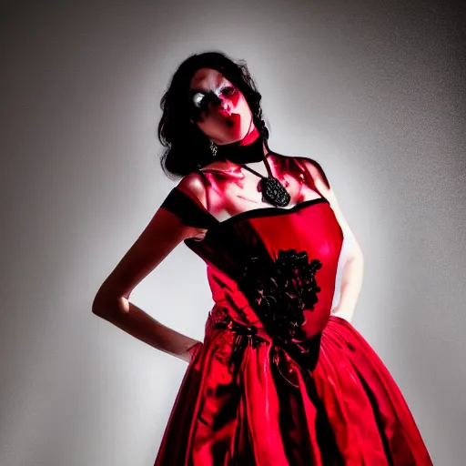 Image similar to stunning beautiful portrait photography of a face detailing demonic Countess wearing red and black dress from national geographic magazine award winning, dramatic lighting, taken with Sony alpha 9, sigma art lens, medium-shot