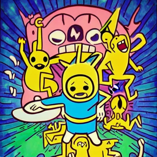 Prompt: illustrative adventure time mystical creatures in the style of pokemon and keith haring