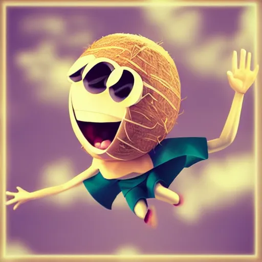 Prompt: The friendly coconut character with a face arms and legs jumps for joy! Action photo. Highly stylized. Anime.
