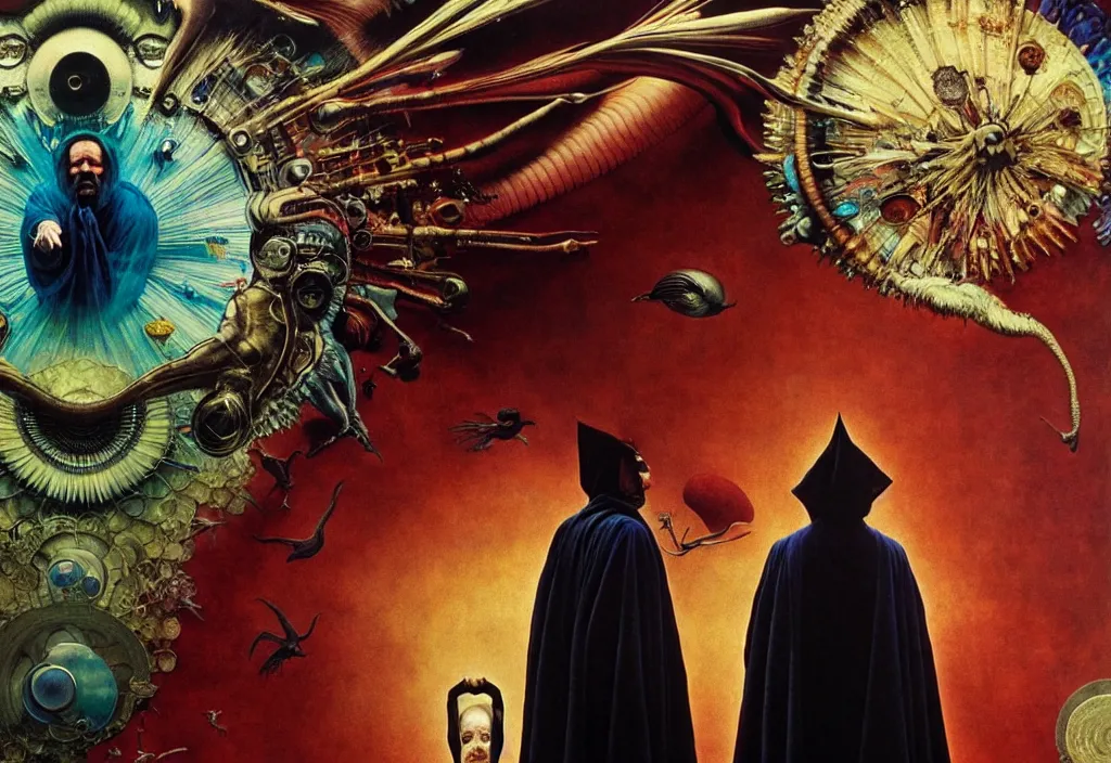 Image similar to realistic detailed portrait movie still of a birdman wearing dark robe, sci fi landscape background by denis villeneuve, amano, yves tanguy, alejandro jodorowsky, alphonse mucha, max ernst, ernst haeckel, roger dean, masterpiece, rich moody colours, snarling dog teeth