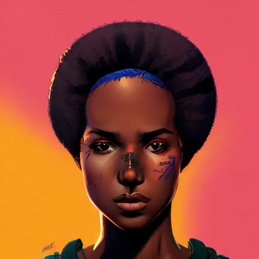 Prompt: Alberto Mielgo portrait design of an afropunk female character in a favela street, medium shot, asymmetrical, profile picture, painting by Alberto Mielgo and Laurie Greasley and Lois van Baarle, trending on artstation,