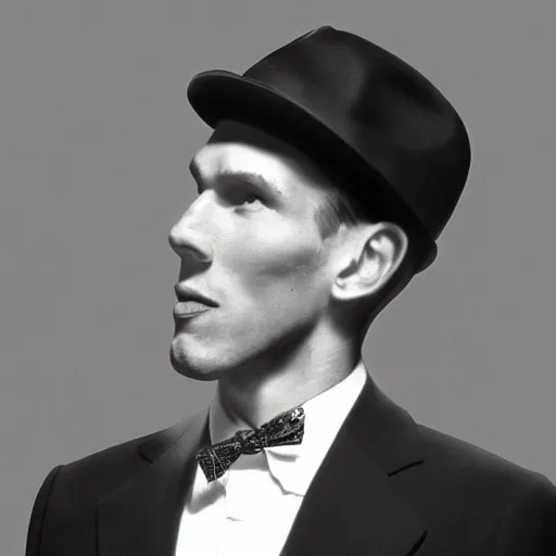 Image similar to A photograph portrait of Jerma985 wearing a suit with and fedora in the 1950s, taken in the early 1950s, grainy, taken on a 1950s Kodak Camera, realistic, hyperrealistic, very realistic, highly detailed, very detailed, extremely detailed, detailed, digital art, trending on artstation