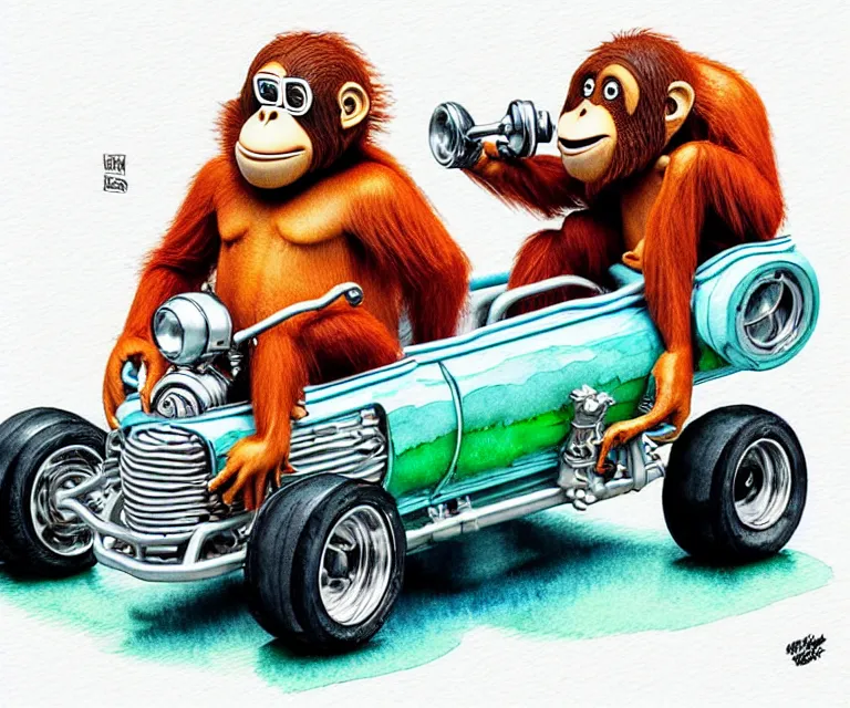 Image similar to cute and funny, orangutan wearing a helmet riding in a tiny hot rod with oversized engine, ratfink style by ed roth, centered award winning watercolor pen illustration, isometric illustration by chihiro iwasaki, edited by range murata, tiny details by artgerm, symmetrically isometrically centered