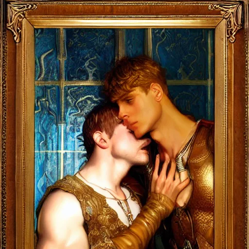 Image similar to attractive arthur pendragon confesses his love to attractive male merlin. highly detailed painting by gaston bussiere, craig mullins, j. c. leyendecker 8 k