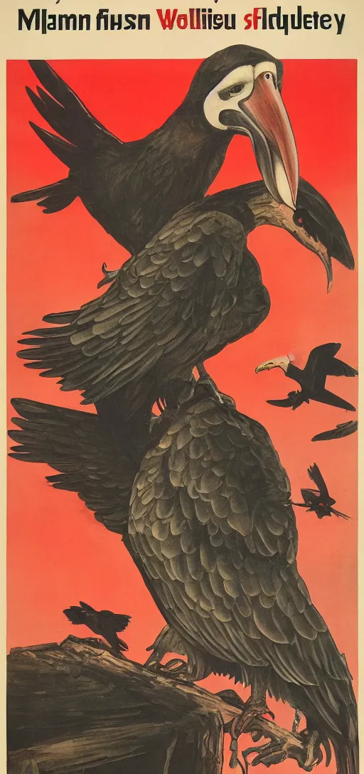 Image similar to mistery man in hood and red eyes with a dager, and a vulture, 1940s propaganda poster, full hd,highly detailed