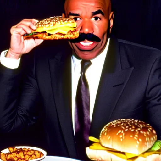 Image similar to steve harvey on the set of pulp fiction eating a cheeseburger