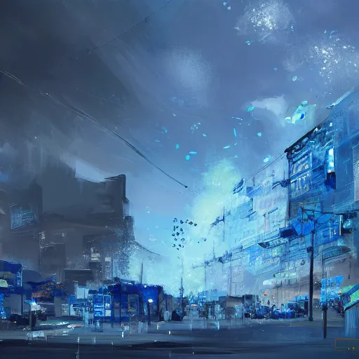 Prompt: urban city getting magically shredded into blue particles, concept art, trending on artstation, painting