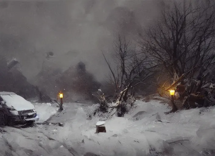 Prompt: oil painting, snow blizzard, high detailed art by anders zorn, wonderful masterpiece by greg rutkowski, beautiful cinematic light, american romanticism by greg manchess, creation by tyler edlin