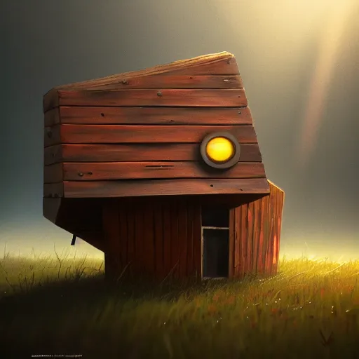 Image similar to a walking wood and metal house with two legs and two big eyes, rust, hyperrealistic, highly detailed, cinematic, single ray of sun, morning, pareidolia, gravity falls style, beautiful, cgssociety, artstation, 8 k, oil painting, digital art