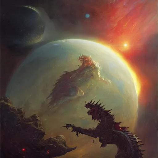 Prompt: Dragon devouring an earth like planet in space, sun system, nebula in the background, oil painting, by Fernanda Suarez and Edgar Maxence and Greg Rutkowski