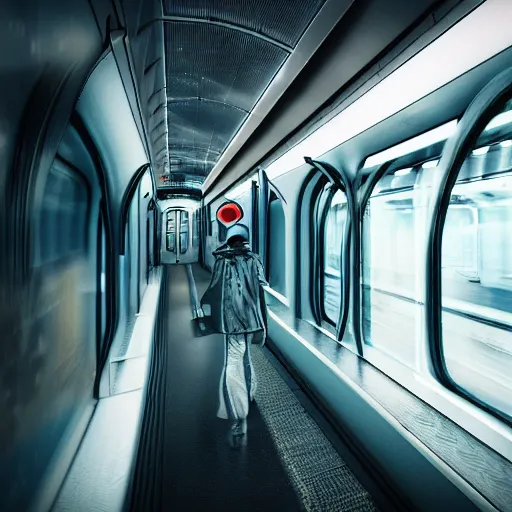 Prompt: photo of a person in a train, futuristic city, movie still, cinematic, 8 k, unreal engine, 3 d render