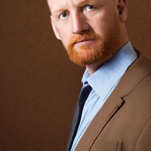 Prompt: Blue eyed ginger balding middle aged man with stubble, corporate portait, headshot, profile