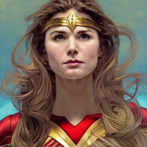 Image similar to Erin Moriarty as Wonder Woman, highly detailed, digital painting, artstation, concept art, smooth, sharp focus, illustration, ArtStation, art by artgerm and greg rutkowski and alphonse mucha and J. C. Leyendecker and Edmund Blair Leighton and Katsuhiro Otomo and Geof Darrow and Phil hale and Ashley wood and Ilya repin and Charlie Bowater