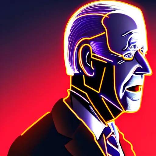 Image similar to Joe Biden, robotic, cyberpunk, cyborg, neon lights, glowing eyes