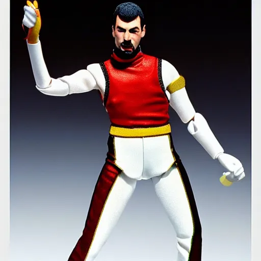 Image similar to freddie mercury action figure, well lit, studio light, painted action figure